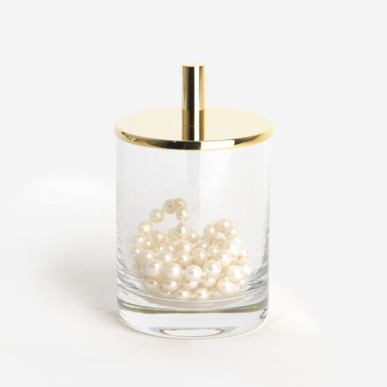 Kristallglas-Dose ROUND UP mit 24 Karat vergoldetem Deckel gefüllt mit Perlenkette