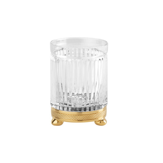 Luxury glass tumbler made of clear crystal glass and brass in gold by Cristal & Bronze from the Cristal Taille Cannele Cisele series