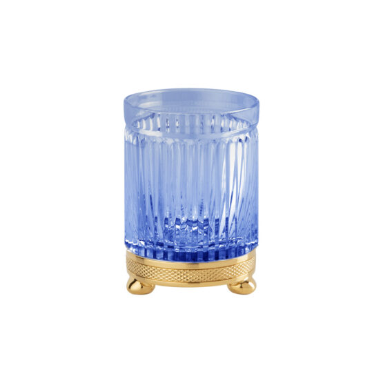 Luxus Glasbecher aus blauem Kristallglas und Messing in Gold von Cristal & Bronze aus der Serie Cristal Taille Cannele Cisele