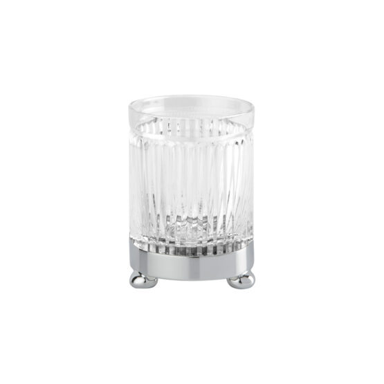 Luxury glass tumbler made of clear crystal glass and brass in chrome by Cristal & Bronze from the Cristal Taille Cannele Lisse series