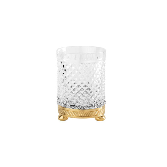 Luxury glass tumbler made of clear crystal glass and brass in gold by Cristal & Bronze from the Cristal Taille Diamant Cisele series