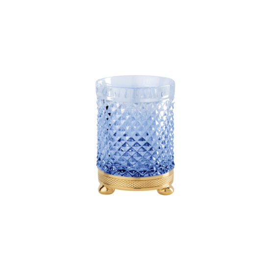 Luxus Glasbecher aus blauem Kristallglas und Messing in Gold von Cristal & Bronze aus der Serie Cristal Taille Diamant Cisele