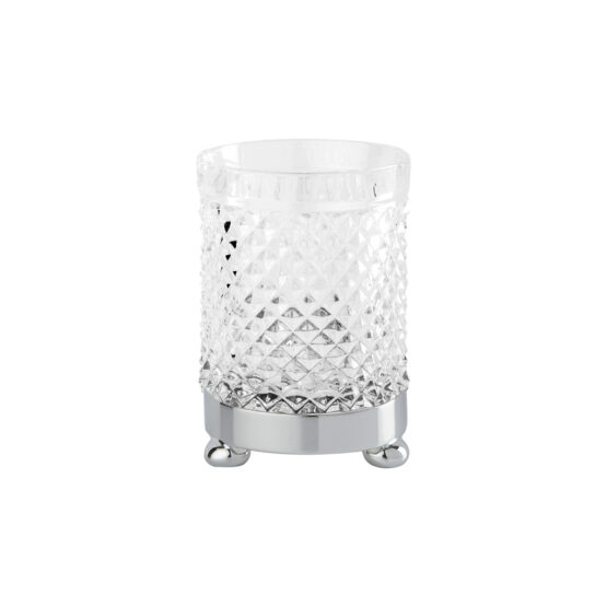 Luxus Glasbecher aus klarem Kristallglas und Messing in Chrom von Cristal & Bronze aus der Serie Cristal Taille Diamant Lisse