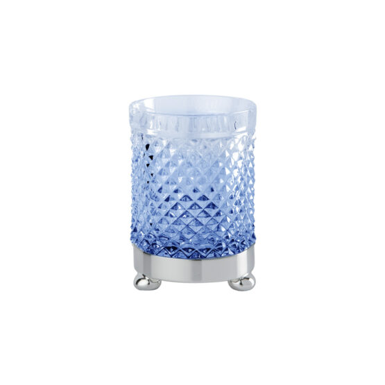 Luxus Glasbecher aus blauem Kristallglas und Messing in Chrom von Cristal & Bronze aus der Serie Cristal Taille Diamant Lisse