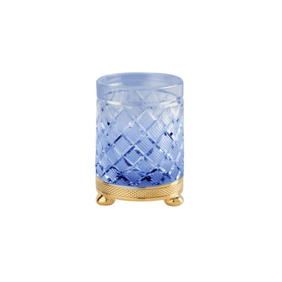 Luxus Glasbecher aus blauem Kristallglas und Messing in Gold von Cristal & Bronze aus der Serie Cristal Taille Losange Cisele