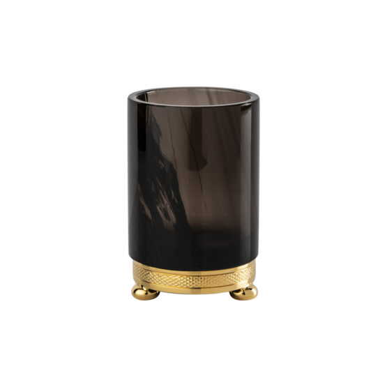 Luxury glass tumbler made of obsidian crystal glass and brass in gold by Cristal & Bronze from the Obsidienne Cisele series
