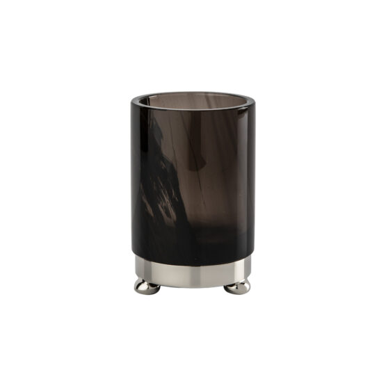 Luxury glass tumbler made of obsidian crystal glass and brass in nickel by Cristal & Bronze from the Obsidienne Lisse series