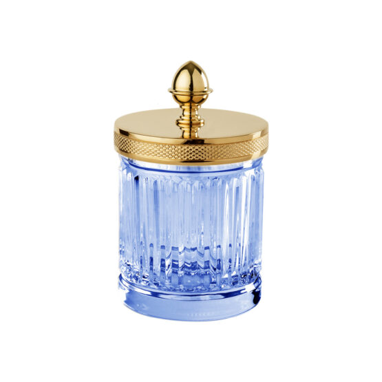 Luxus Glasdose aus blauem Kristallglas und Messing in Gold von Cristal & Bronze aus der Serie Cristal Taille Cannele Cisele