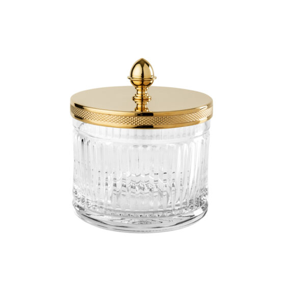 Luxus Glasdose aus klarem Kristallglas und Messing in Gold von Cristal & Bronze aus der Serie Cristal Taille Cannele Cisele