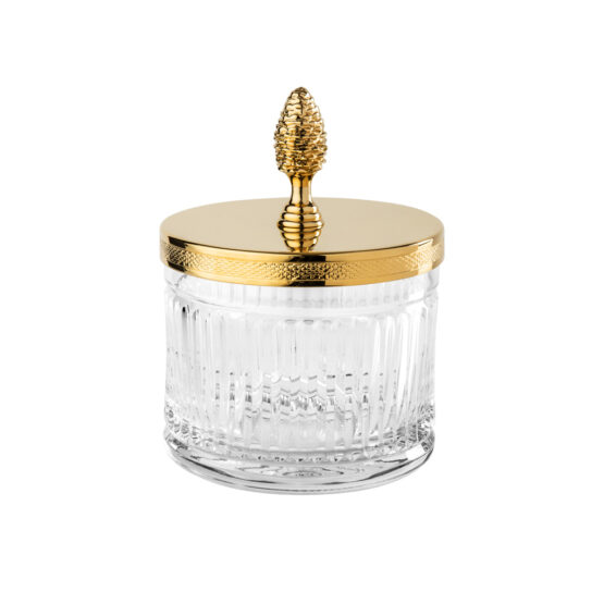 Luxus Glasdose aus klarem Kristallglas und Messing in Gold von Cristal & Bronze aus der Serie Cristal Taille Cannele Cisele