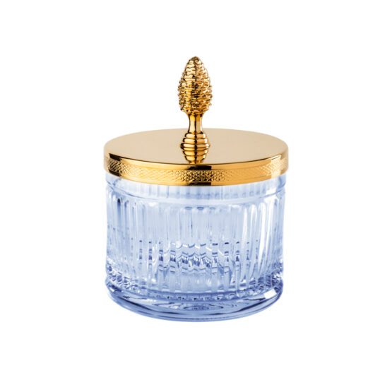 Luxus Glasdose aus blauem Kristallglas und Messing in Gold von Cristal & Bronze aus der Serie Cristal Taille Cannele Cisele