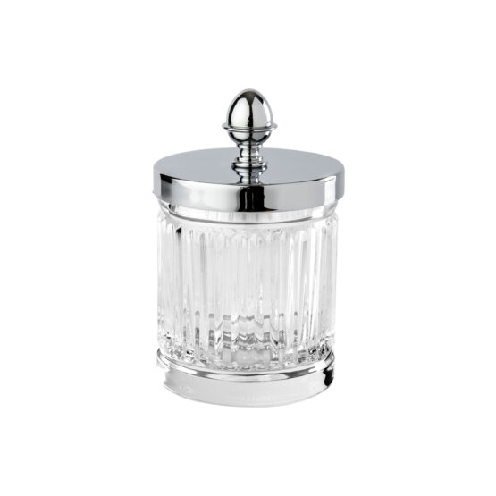 Luxury small q-tip jar made of clear crystal glass and brass in chrome by Cristal & Bronze from the Cristal Taille Cannele Lisse series