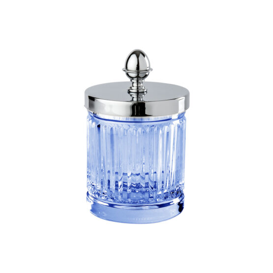 Luxus Glasdose aus blauem Kristallglas und Messing in Chrom von Cristal & Bronze aus der Serie Cristal Taille Cannele Lisse