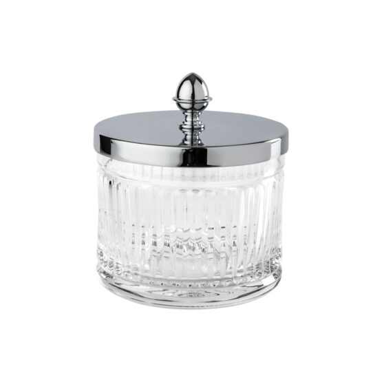Luxury large q-tip jar made of clear crystal glass and brass in chrome by Cristal & Bronze from the Cristal Taille Cannele Lisse series