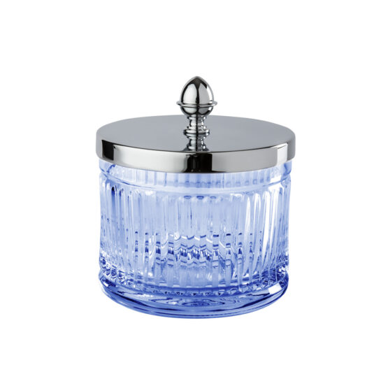 Luxus Glasdose aus blauem Kristallglas und Messing in Chrom von Cristal & Bronze aus der Serie Cristal Taille Cannele Lisse