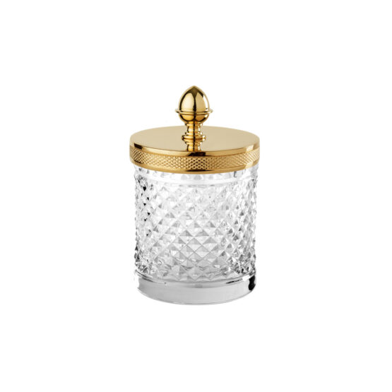 Luxury small q-tip jar made of clear crystal glass and brass in gold by Cristal & Bronze from the Cristal Taille Diamant Cisele series