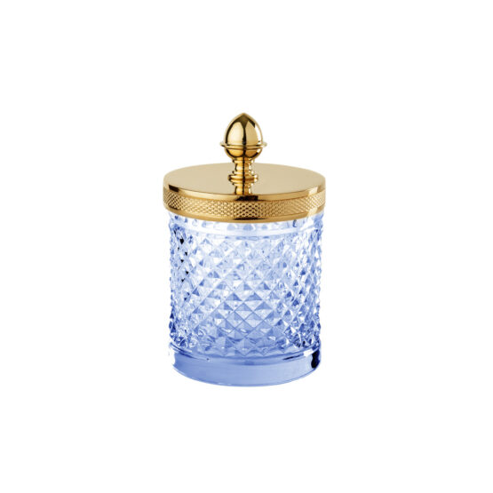 Luxus Glasdose aus blauem Kristallglas und Messing in Gold von Cristal & Bronze aus der Serie Cristal Taille Diamant Cisele
