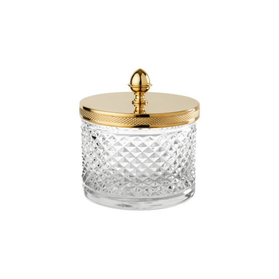 Luxury large q-tip jar made of clear crystal glass and brass in gold by Cristal & Bronze from the Cristal Taille Diamant Cisele series