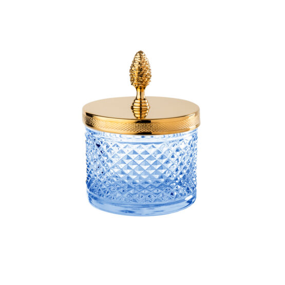 Luxus Glasdose aus blauem Kristallglas und Messing in Gold von Cristal & Bronze aus der Serie Cristal Taille Diamant Cisele