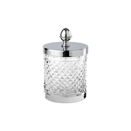 Luxus Glasdose aus klarem Kristallglas und Messing in Chrom von Cristal & Bronze aus der Serie Cristal Taille Diamant Lisse