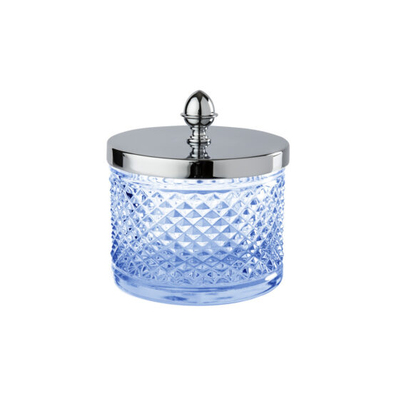 Luxus Glasdose aus blauem Kristallglas und Messing in Chrom von Cristal & Bronze aus der Serie Cristal Taille Diamant Lisse