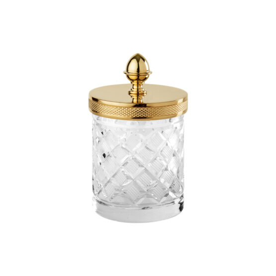Luxury small q-tip jar made of clear crystal glass and brass in gold by Cristal & Bronze from the Cristal Taille Losange Cisele series