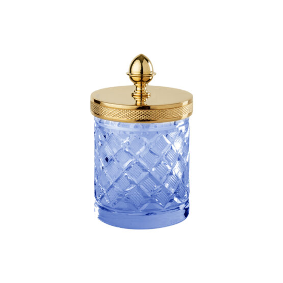 Luxus Glasdose aus blauem Kristallglas und Messing in Gold von Cristal & Bronze aus der Serie Cristal Taille Losange Cisele