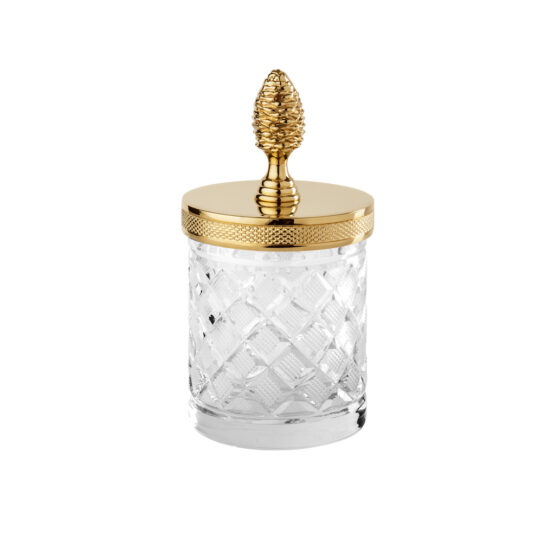 Luxury glass jar made of clear crystal glass and brass in gold by Cristal & Bronze from the Cristal Taille Losange Cisele series