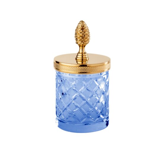 Luxus Glasdose aus blauem Kristallglas und Messing in Gold von Cristal & Bronze aus der Serie Cristal Taille Losange Cisele