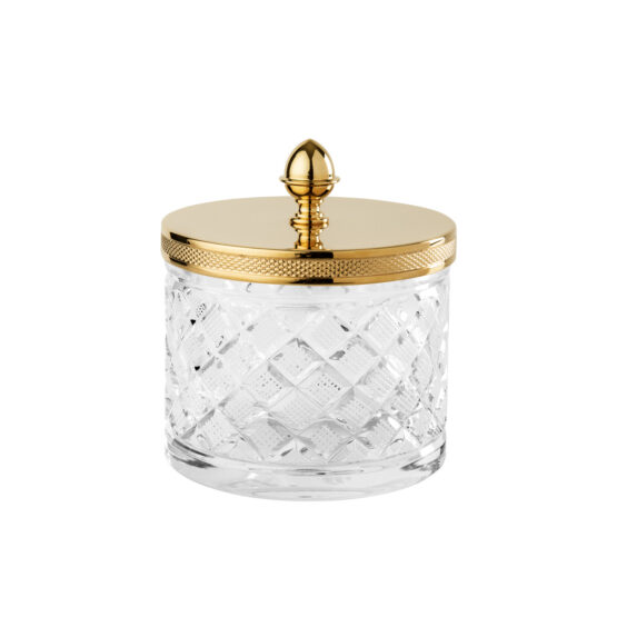 Luxury large q-tip jar made of clear crystal glass and brass in gold by Cristal & Bronze from the Cristal Taille Losange Cisele series