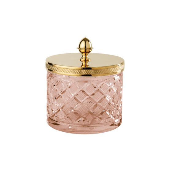 Luxus Glasdose aus rotem Kristallglas und Messing in Gold von Cristal & Bronze aus der Serie Cristal Taille Losange Cisele