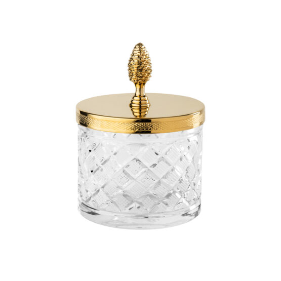 Luxury glass jar made of clear crystal glass and brass in gold by Cristal & Bronze from the Cristal Taille Losange Cisele series