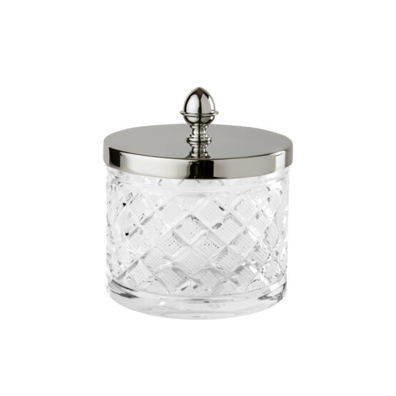 Luxus Glasdose aus klarem Kristallglas und Messing in Nickel von Cristal & Bronze aus der Serie Cristal Taille Losange Lisse
