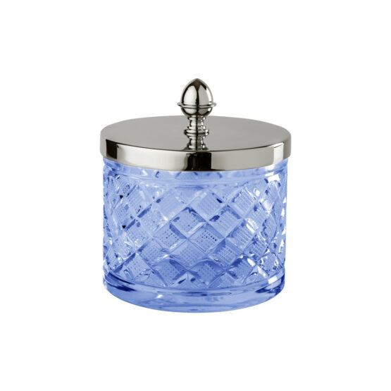 Luxus Glasdose aus blauem Kristallglas und Messing in Nickel von Cristal & Bronze aus der Serie Cristal Taille Losange Lisse