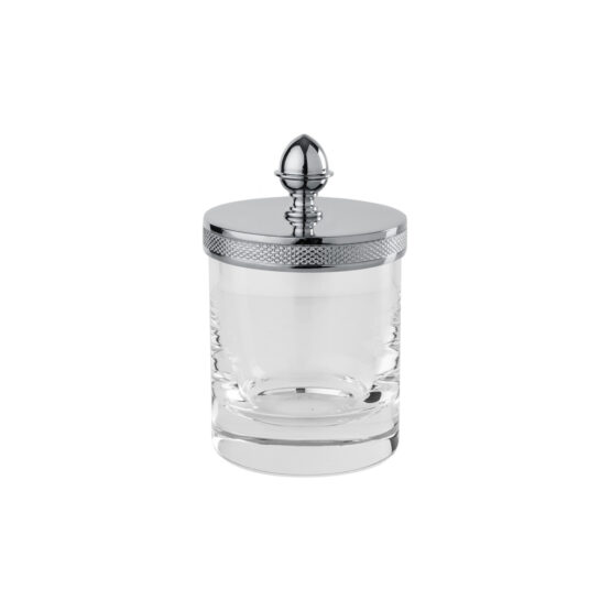 Luxury small q-tip jar made of crystal glass and brass in chrome by Cristal & Bronze from the Cristallin Cisele series