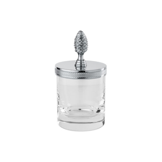 Luxus Glasdose aus Kristallglas und Messing in Chrom von Cristal & Bronze aus der Serie Cristallin Cisele