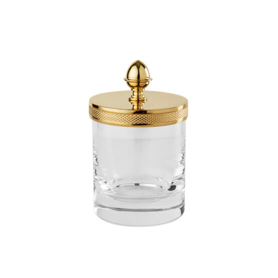 Luxury small q-tip jar made of crystal glass and brass in gold by Cristal & Bronze from the Cristallin Cisele series