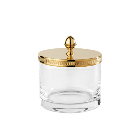 Luxury large q-tip jar made of crystal glass and brass in gold by Cristal & Bronze from the Cristallin Cisele series