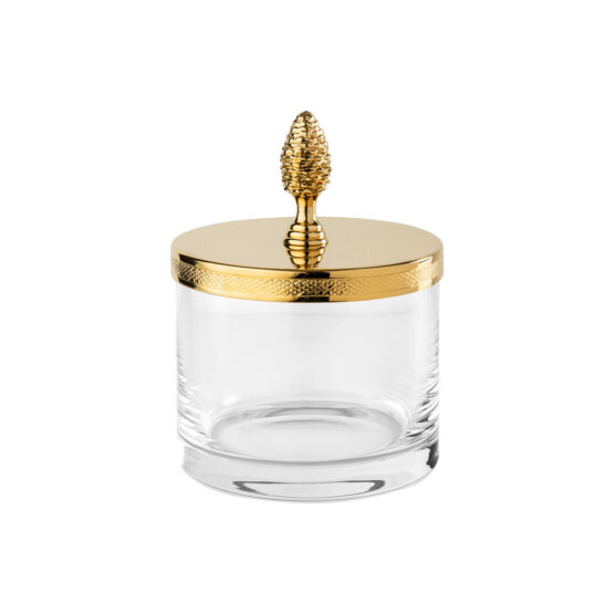 Luxury glass jar made of crystal glass and brass in gold by Cristal & Bronze from the Cristallin Cisele series