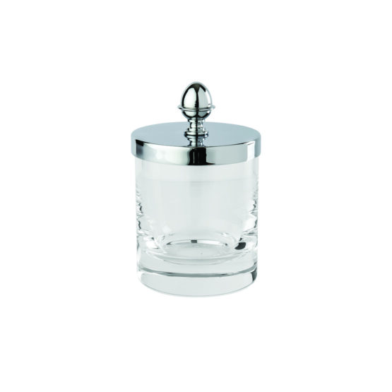 Luxury small q-tip jar made of crystal glass and brass in chrome by Cristal & Bronze from the Cristallin Lisse series