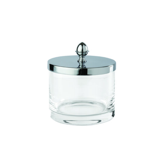Luxury large q-tip jar made of crystal glass and brass in chrome by Cristal & Bronze from the Cristallin Lisse series