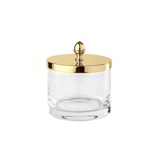 Luxury large q-tip jar made of crystal glass and brass in gold by Cristal & Bronze from the Cristallin Lisse series