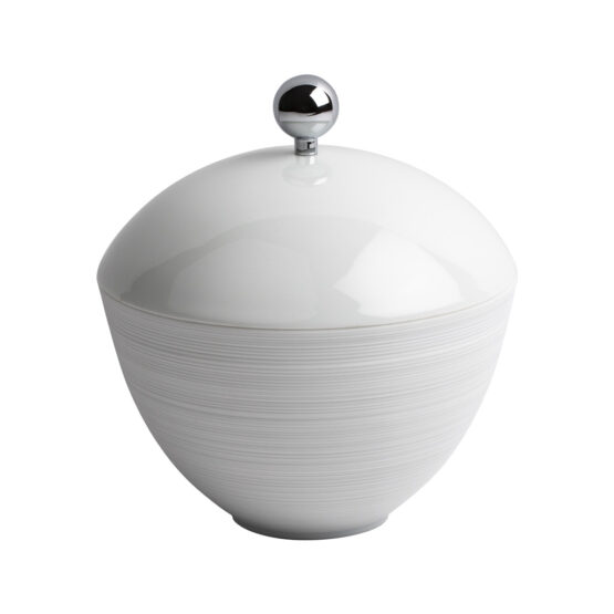 Luxury large q-tip jar made of porcelain and brass in chrome by Cristal & Bronze from the Hemisphere series
