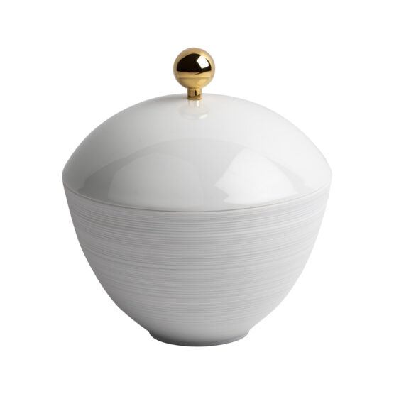 Luxury large q-tip jar made of porcelain and brass in gold by Cristal & Bronze from the Hemisphere series