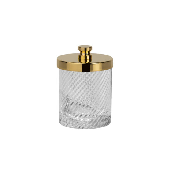Luxury small q-tip jar made of crystal glass and brass in gold by Cristal & Bronze from the Infini series