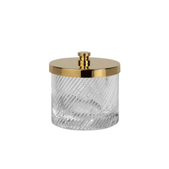 Luxury large q-tip jar made of crystal glass and brass in gold by Cristal & Bronze from the Infini series