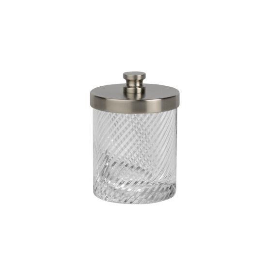 Luxury small q-tip jar made of crystal glass and brass in nickel matt by Cristal & Bronze from the Infini series