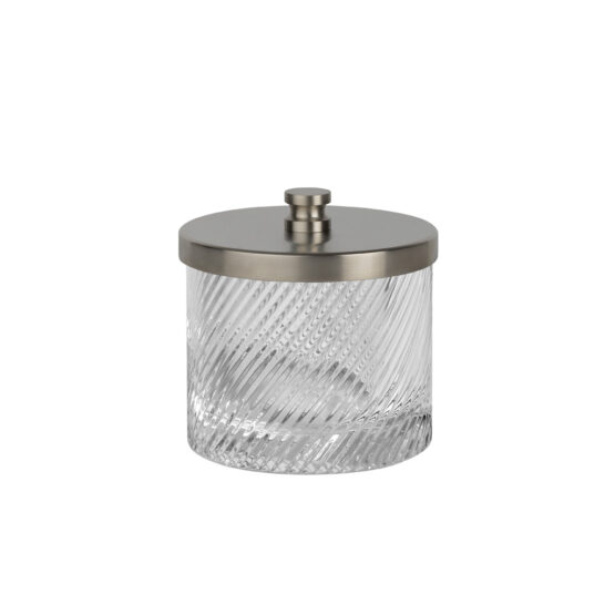 Luxury large q-tip jar made of crystal glass and brass in nickel matt by Cristal & Bronze from the Infini series