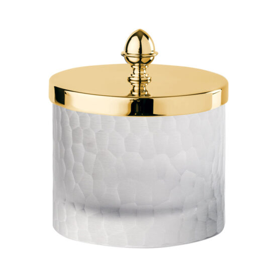 Luxury large q-tip jar made of glass and brass in gold by Cristal & Bronze from the Nid d'Abeilles series