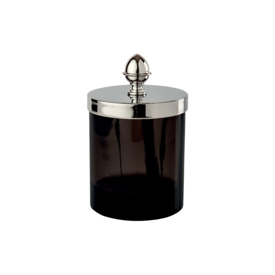Luxury small q-tip jar made of obsidian crystal glass and brass in nickel by Cristal & Bronze from the Obsidienne Lisse series